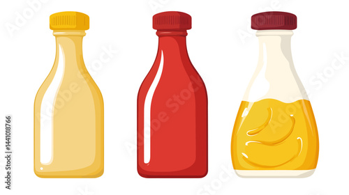 Set of condiment bottles including mustard, ketchup, and mayonn.eps