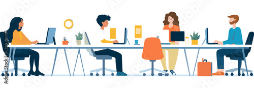 Set of diverse people working on computers, symbolizing modern office environments- 