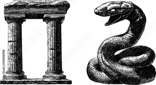 Ancient desert gate and snake illustration set for historical design