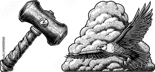 Engraved viking symbols: thor's hammer and soaring bird in detailed illustration set