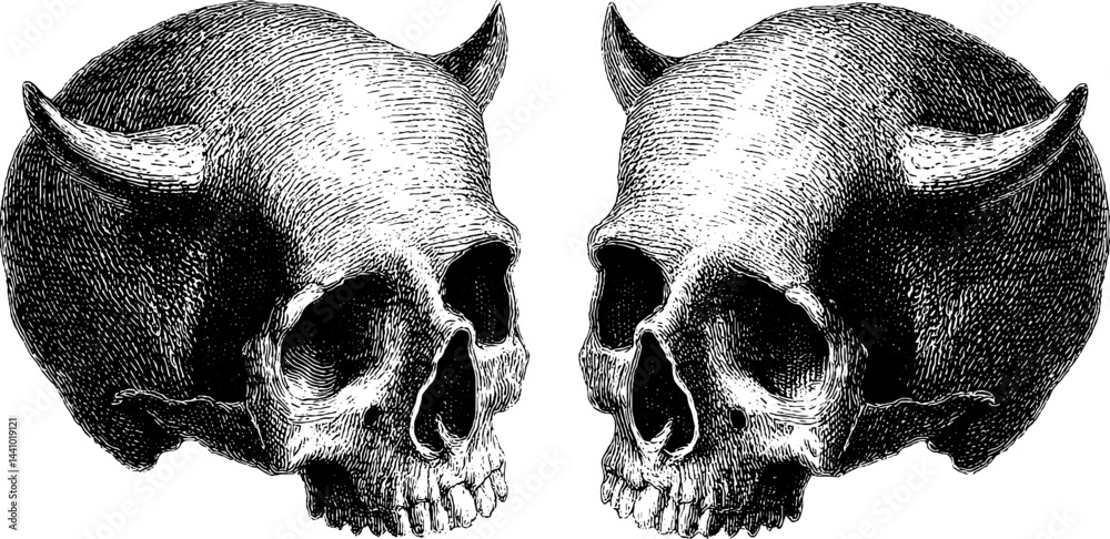 Engraved illustration of hels realm featuring intricate skulls
