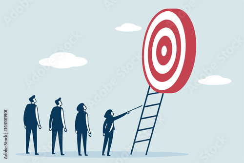 Teamwork Towards a Common Goal, Achieving Success by Climbing the Ladder to the Target Bullseye.