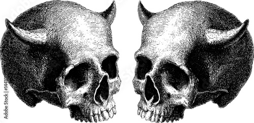 Engraved illustration of hels realm featuring intricate skulls