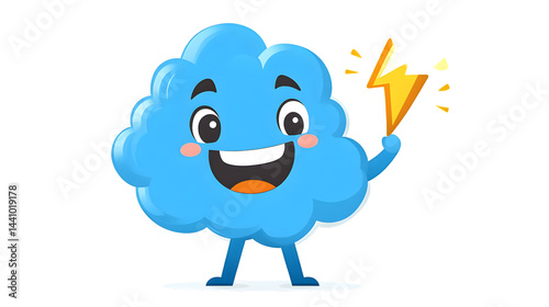 A cheerful blue cloud character holding a lightning bolt perfect for weather fun and educati