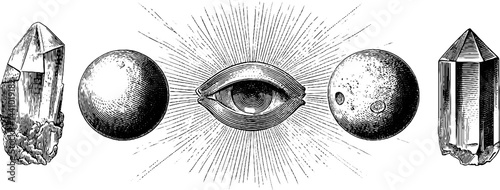 Engraved illustration of mystical elements in circle design for artistic projects