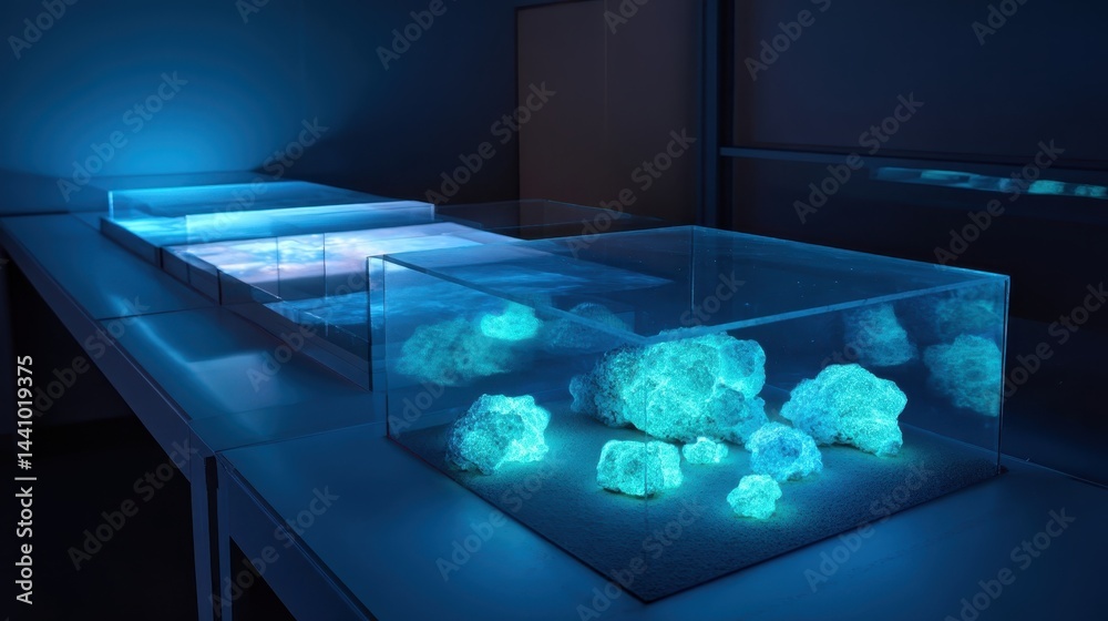 Perovskite-based X-ray detector illuminated with blue light displayed in a research laboratory