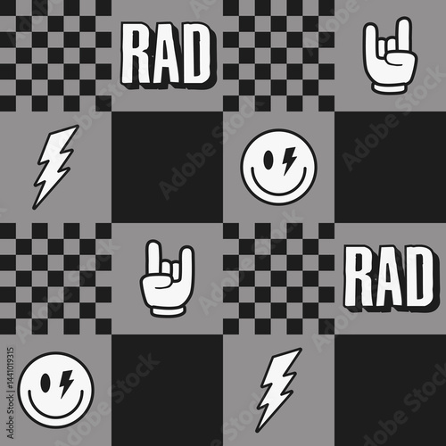 Rad, lightning bolts, smile faces, and rock hand signs with a checkered background. Seamless repeat pattern. 