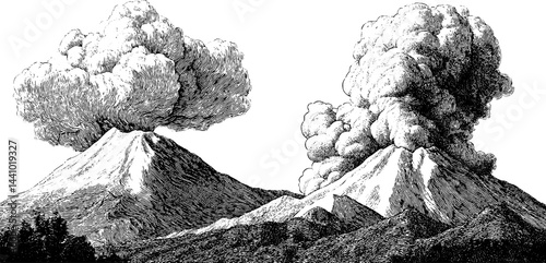 Detailed engraving of volcano eruption and lava flow for artistic design
