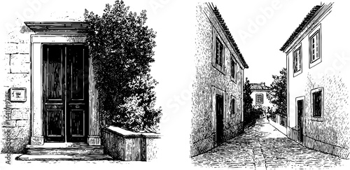 Engraved illustrations of domus door and rustic street scene for architectural design