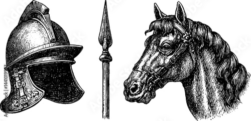 Medieval warfare elements: engraved iron helmet, spear, and horse illustration for historical design