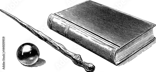 Engraved illustration of wizard set with staff, spellbook, and orb for fantasy design
