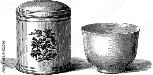 Intricate engraved tea caddy and strainer set for elegant tableware design