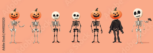 Set of human skeletons with pumpkin heads, combining spooky and cute characters for Halloween- 