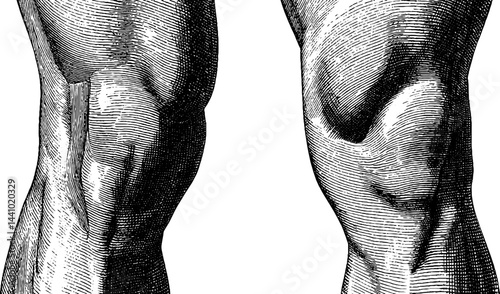 Engraved illustration set of anatomical leg and knee for educational and medical use