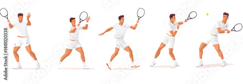 Set of men playing tennis in various action poses, holding rackets and hitting the ball- 