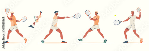 Set of men playing tennis in various action poses, holding rackets and hitting the ball- 