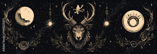 Set of mystical animals and magical elements for witchcraft- designs- 