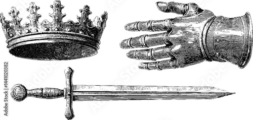 Engraved illustration of medieval iron gauntlet, crown, and sword — historical design for decoration and study