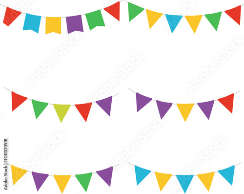 Colorful Party Flags and Bunting Garland Vector Set for Celebrations, Festivals, and Event Decorations


