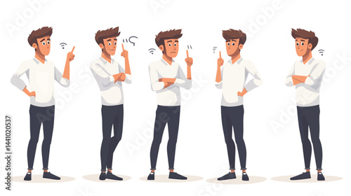 Thinking Man Character Set: A guy in various thoughtful poses, choosing, pointing to solutions  - 