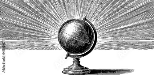 Engraved globe illustration with early lines. Vintage antique map of spherical world and earth rays in black and white design.