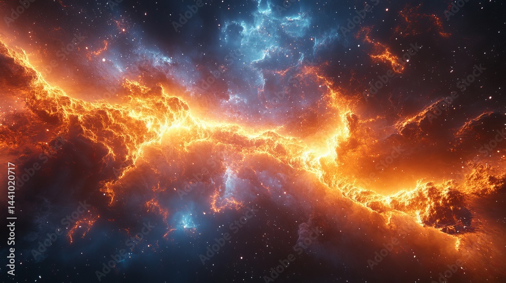 Fototapeta premium Fiery Nebula Cosmic Cloudscape Celestial Space Art Starry Night Sky Galaxy