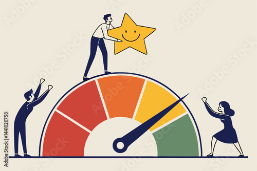 Improving performance, success, and efficiency illustrated with a gauge and team effort and happy star.