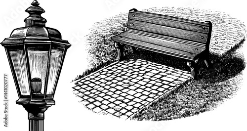 Vintage engraving of street lantern and park bench for architectural design