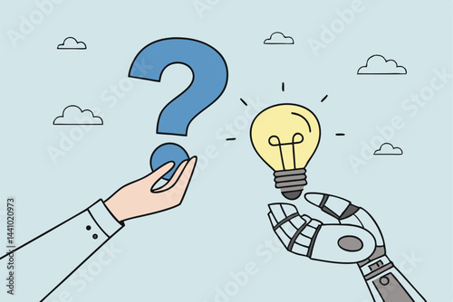Conceptual Human Versus Artificial Intelligence: Hand Holding a Question Mark and Robot Arm Holding a Light Bulb.