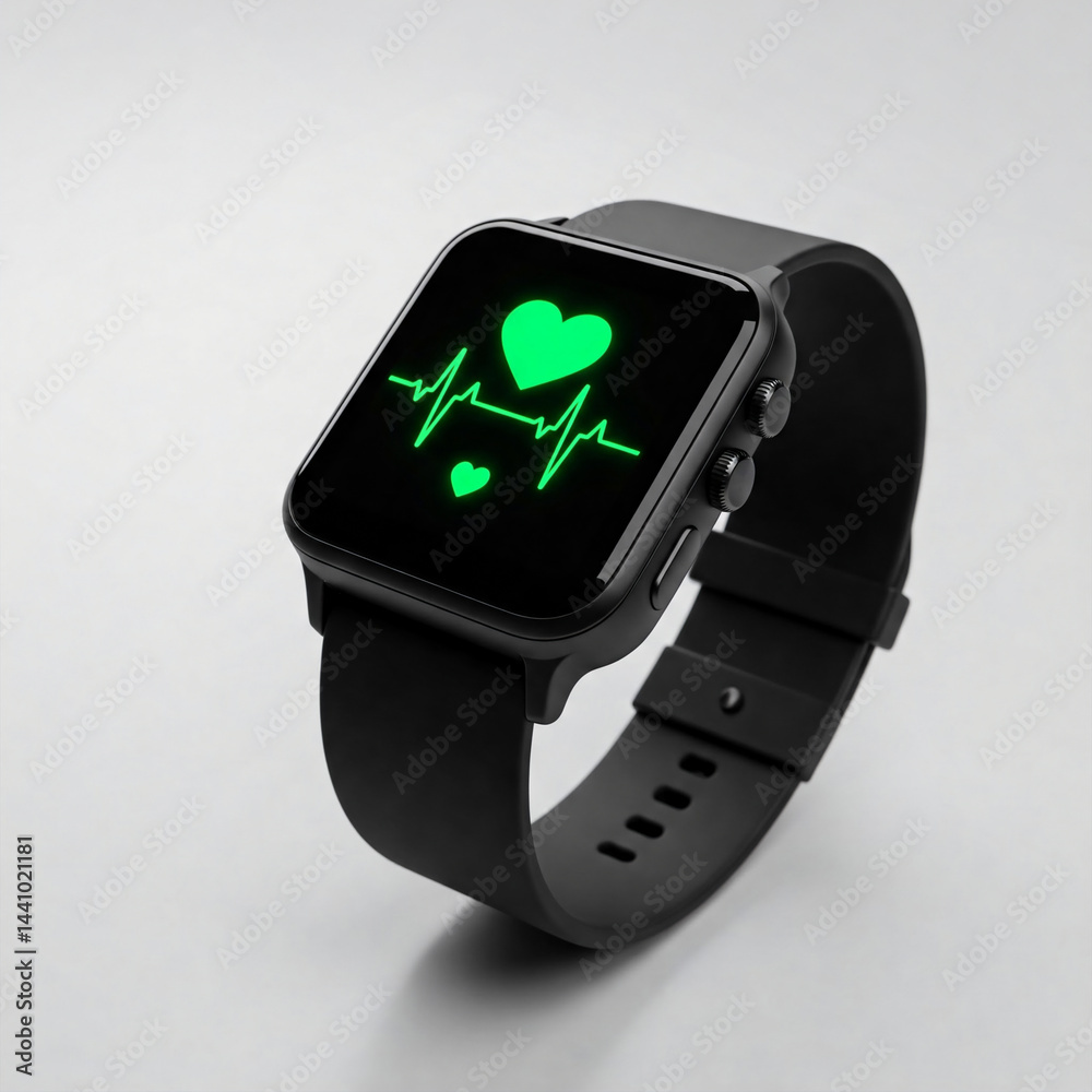 Close-up of the black smart watch with the health status on the screen isolated on the white background