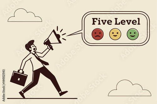 Businessman Announcing Five Levels of Service Feedback with Megaphone Illustration, Business Communication and Customer Service concept.