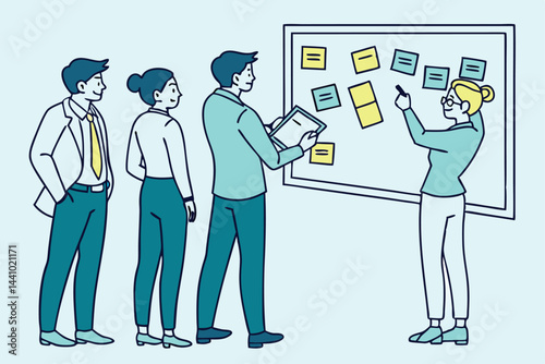 Business team brainstorming ideas using sticky notes on a whiteboard, creative collaboration illustration.