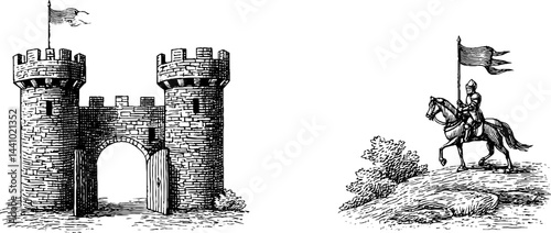 Medieval castle gate and knight illustration for historical design projects