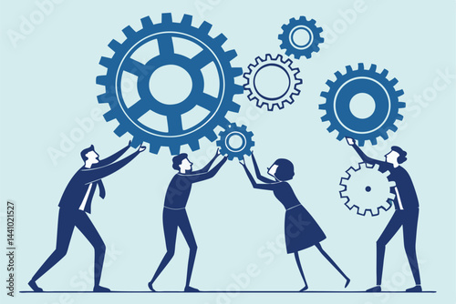 Business Teamwork Concept: People Working Together to Build, Connect, and Maintain a Mechanical Gear System for Success.