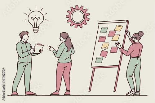 Business Team Brainstorming Ideas Using Sticky Notes on Whiteboard, Concept of Planning and Collaboration, Startup Project.