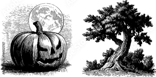 Engraved pumpkin and tree illustration for halloween decorations and autumn themes