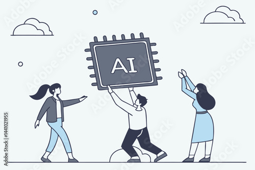 Teamwork Building AI Technology: People Holding a Processor with AI Lettering, Concept of Artificial Intelligence