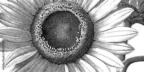 Sunflower illustration in engraved botanical art style. Detailed flower and nature plant with intricate black and white design.