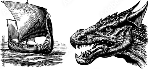 Engraved illustration of viking longship and dragon head for historical design