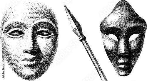 Historic engraved illustration set featuring amphitheatre wall masks and spear artifacts