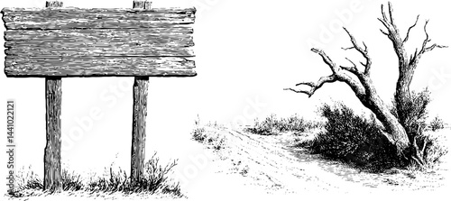 Rustic weathered road sign and desert tree illustration for vintage design