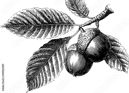 Detailed botanical illustration of chestnut leaves and nuts for nature study