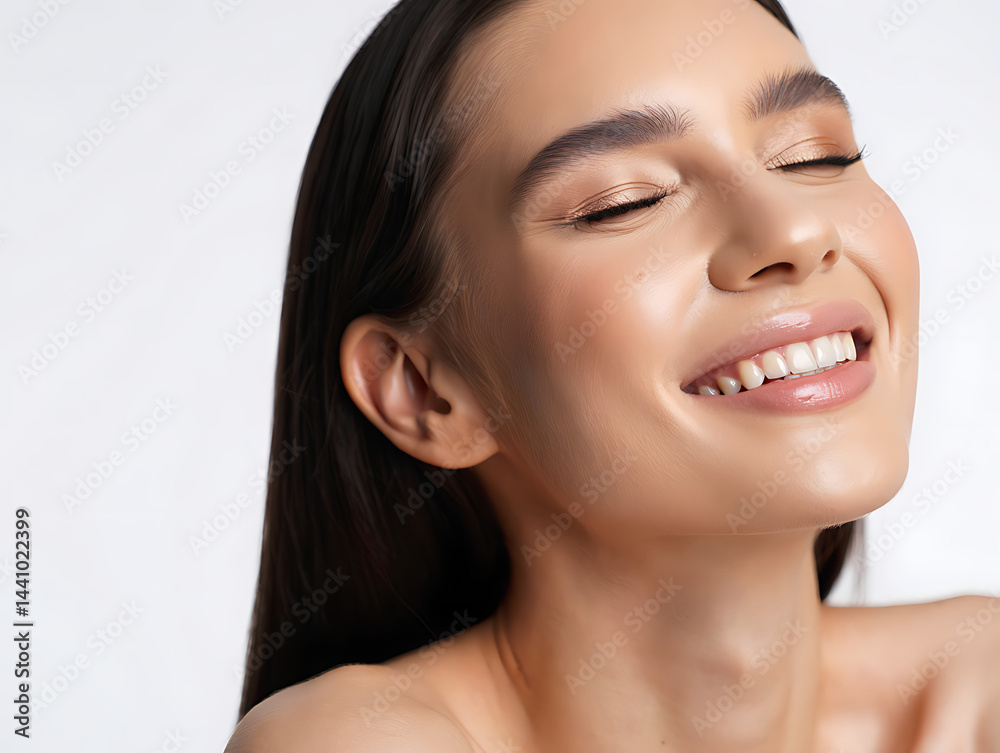 Woman Laughing Joyfully with Closed Eyes, Showing Perfect Teeth Woman Laughing Joyfully with Closed Eyes, Showing Perfect Teeth