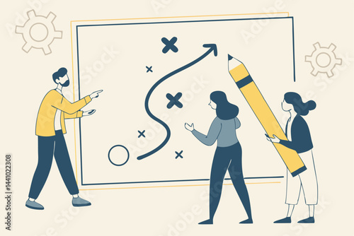 Team Brainstorming and Planning Strategy on Whiteboard Using Visual Game Plan with Arrow and Path Illustration.