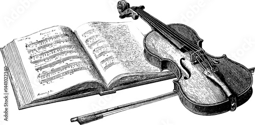 Elegant engraved illustration of violin and sheet music for musical art concepts
