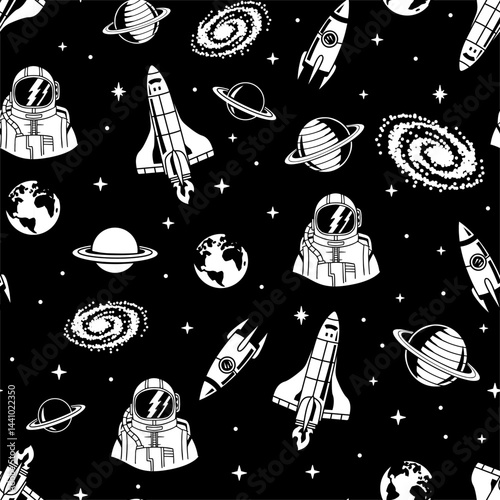 Space elements seamless pattern. Space pattern background. Vector illustration. Seamless pattern with cartoon space rockets, planets, stars, galaxy, and astronauts.