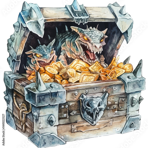 Treasure-filled Tomb Guarded By Stone Beasts, watercolor illustration, isolated on a white background.