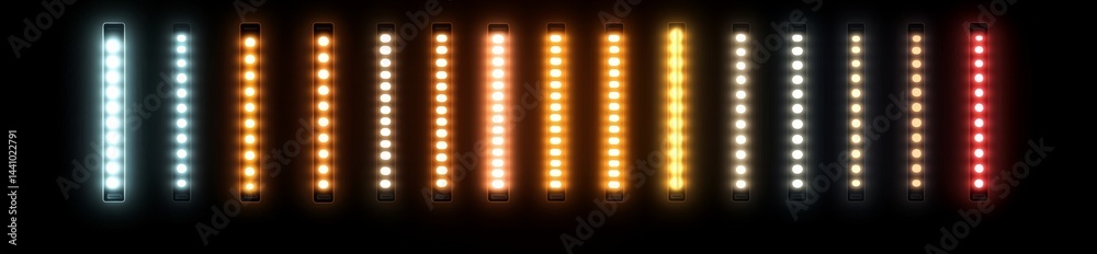 Modern fluorescent LED light bars in yellow and white, isolated on transparent backgrounds, are perfect for creating party border designs that evoke the realistic electric stripes of night-time