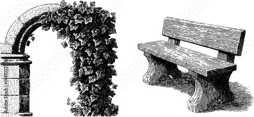 Intricate engraved illustration of an archway with ivy and a wooden bench for design projects