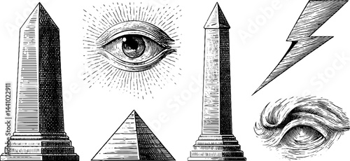 Engraved illustration set featuring obelisk, eye symbol, pyramid, and lightning for mystical designs
